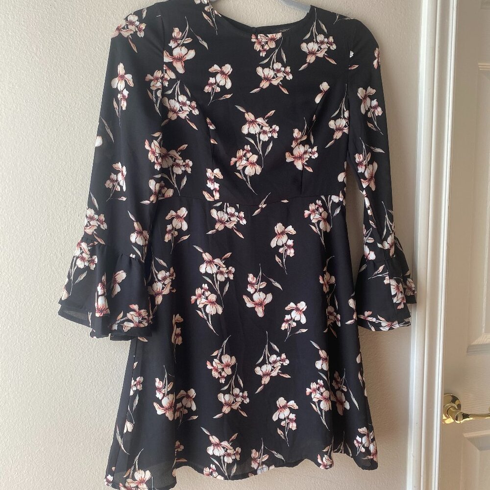 Olivaceous black and pink floral mini-dress with ruffle 3/4 sleeves